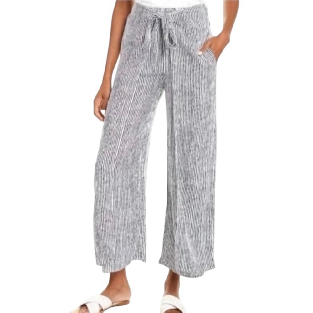 J. McLaughlin Bondi Navy White Striped Wrap Tie Waist Palazzo Wide Leg Pants - L